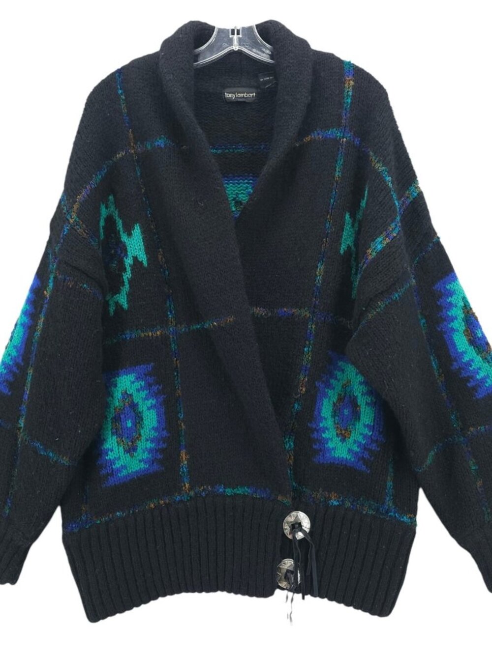 TONY LAMBERT Vintage Shawl Neck Cardigan Southwestern Tribal Wool Blend LARGE